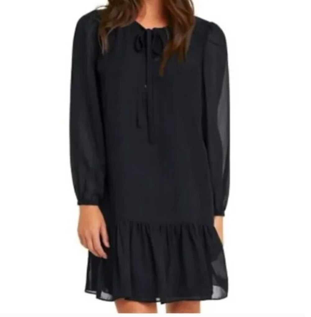 Draper James XS Black Tie Neck Flounce Shift Dress NEW NWT